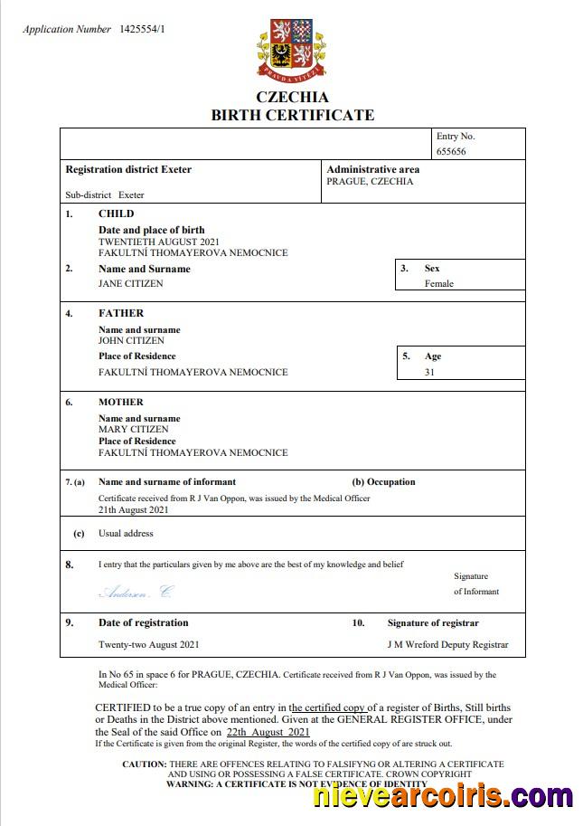 Czechia vital record birth certificate